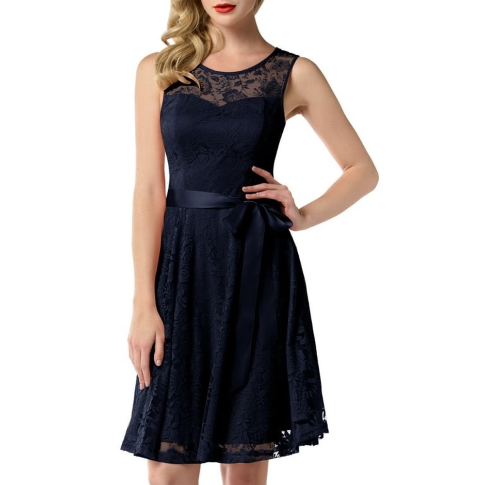 DressyStar Women Floral Lace Cocktail Party Dress Sheer Neckline Knee Length